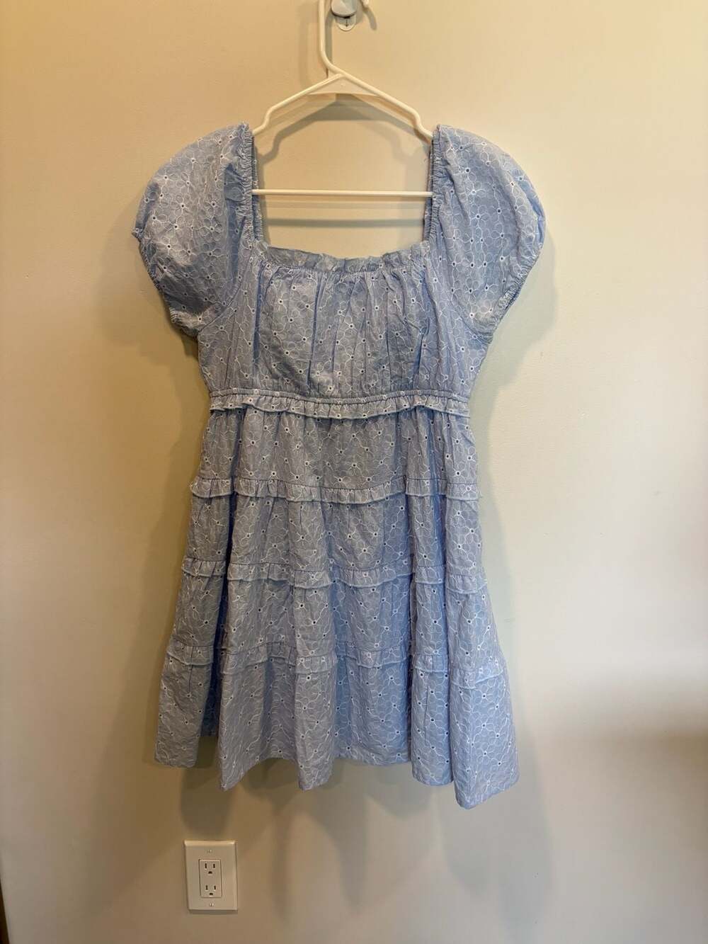Altar'd State Blue Eyelet Tiered Puff Sleeve Mini Dress Size M